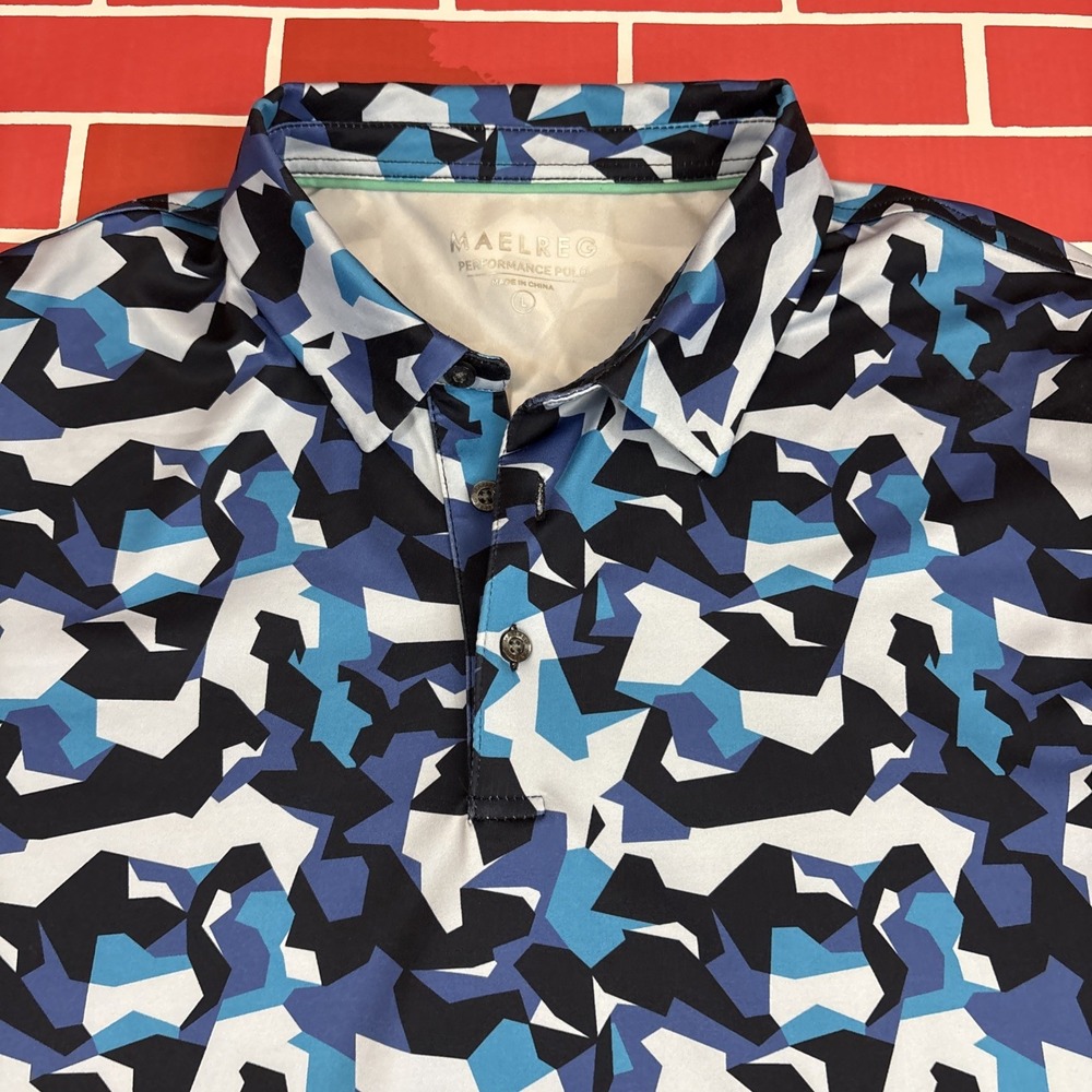 Maelreg Performance Polo Shirt Mens L Blue Camo Golf Stretch Jersey Short Sleeve